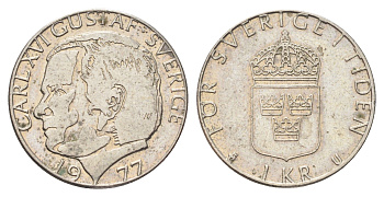 Швеция 1 крона 1977 U, Карл XVI Густав (1973- ) KM 852 медь плакированная медно-никелем 4704-312
