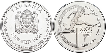 Танзания 2000 шиллингов 1996 XXVI Олимпийские игры 1996 года в Атланте, 100 лет Олимпийскому движению, бег с барьерами, пробник, гладкий гурт алюминий PROOF 06-159-12