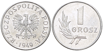 ПОЛЬША 1 ГРОШ 1949 ПЕРВЫЙ ПОСЛЕВОЕННЫЙ ВЫПУСК KM 39, Parchimowicz 201 алюминий UNC 4181-1169