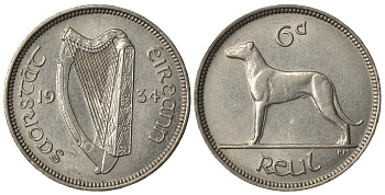 ИРЛАНДИЯ 6 ПЕНСОВ 1934 ИРЛАНДСКИЙ ВОЛКОДАВ, РЕДКОЕ СОСТОЯНИЕ KM 5 медно-никель 4393-111