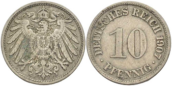 Германия 10 пфеннигов 1907 F KM 12, J. 13, Weege 8 медно-никель 31-112