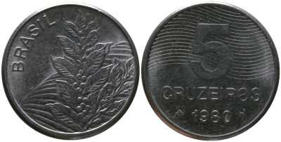 Бразилия 5 крузейро 1980 KM 591, Schon 100 нержавеющая сталь 4514-216