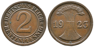 ГЕРМАНИЯ 2 РЕНТЕНПФЕННИГА 1923 A KM 31, J. 307 бронза 71-1562