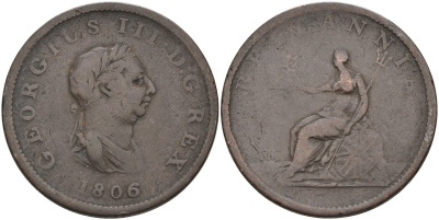 Великобритания 1/2 пенни 1806 Георг III (1760-1820) KM 662, Spink 3781 медь 81-1113