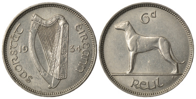 ИРЛАНДИЯ 6 ПЕНСОВ 1934 ИРЛАНДСКИЙ ВОЛКОДАВ, РЕДКОЕ СОСТОЯНИЕ KM 5 медно-никель 4393-111