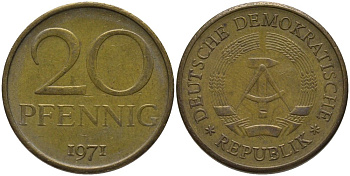 ГДР 20 пфеннигов 1971 А KM 11 латунь 186-1244
