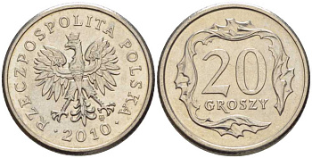 ПОЛЬША 20 ГРОШЕЙ 2010 MW KM 280 медно-никель 201-527