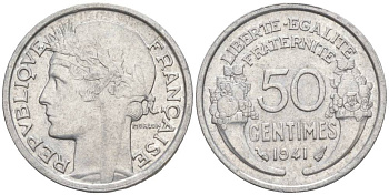 ФРАНЦИЯ 50 САНТИМОВ 1941 ТИП MORLON LOURDE KM 894.1a, LE FRANC 193.2 алюминий 44-231