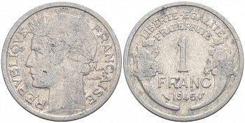 ФРАНЦИЯ 1 ФРАНК 1945 KM 885а.1 алюминий 186-322