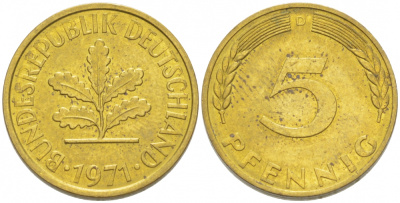 ФРГ 5 ПФЕННИГОВ 1971 J KM 107 J. 382 сталь плакированная латунью 3955-563