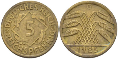 ГЕРМАНИЯ 5 РЕЙХСПФЕННИГОВ 1925 G KM 39, J. 316, Weege 7 алюминиевая бронза 211-547