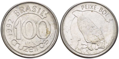 БРАЗИЛИЯ 100 КРУЗЕЙРО 1992 РЕФОРМА 1990-1993, ЛАМАНТИН KM 623 нержавеющая сталь 4392-349