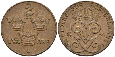 Швеция 2 эре 1950 Густав V (1907-1950) KM 778 бронза 4602-615