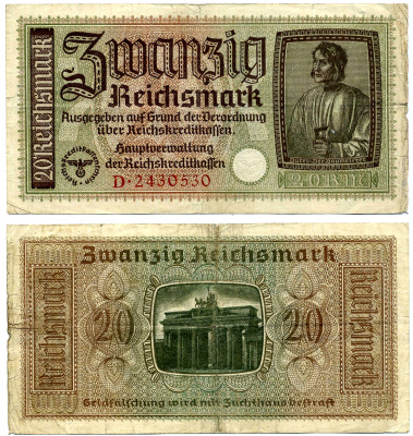 Германия 20 рейхсмарок 1939-1944 серия D, для оккупированных территорий, Вторая мировая война Pick 554, Розенберг R139a  бумага   8603-27-2-1