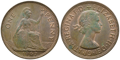 Великобритания 1 пенни 1967 Елизавета II (1952-2022) KM 897, Spink 4157 бронза 83-533