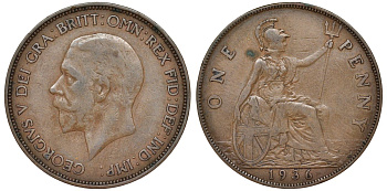 Великобритания 1 пенни 1936 Георг V (1910-1936) KM 838, Spink 4055 бронза 51-2317