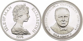 Остров Мэн 1 крона 1974 100 лет со дня рождения Уинстона Черчилля КМ 30a серебро PROOF 1081-4-13