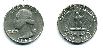 США 25 центов (квотер) 1968 Вашингтон KM 164а медь плакированная медно-никелем 46-1931