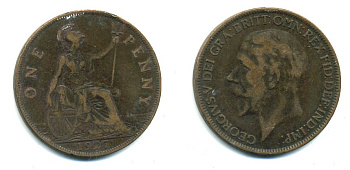 Великобритания 1 пенни 1927 Георг V (1910-1936) КМ 826, Spink 4054 бронза 41-923