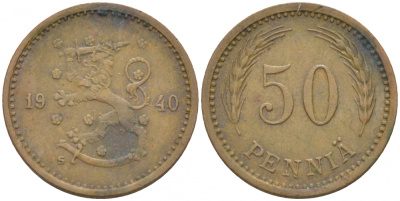 ФИНЛЯНДИЯ 50 ПЕННИ 1940 S KM 26а медь 3309-732