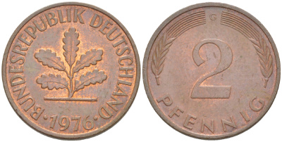 ФРГ 2 ПФЕННИГА 1976 G KM 106а, J. 381а сталь плакированная сталь плакированная медьюю 4181-819