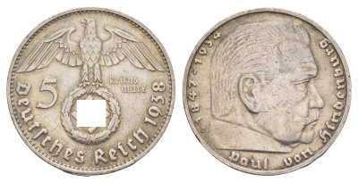 Германия 5 рейхсмарок 1938 D, Пауль фон Гинденбург (1847-1934) KM 94 серебро 1528-143