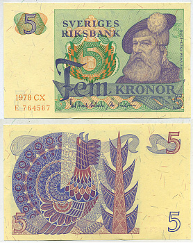 Швеция 5 крон 1978 CX, Густав I Ваза Pick 51d бумага aUNC 444-117-1