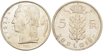 БЕЛЬГИЯ 5 ФРАНКОВ 1973 BELGIE, БОДУЭН I (1951-1993) KM 135.1 медно-никель 202-1217