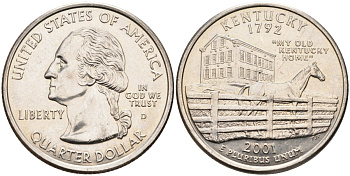 США 25 центов = квотер 2001 D, серия штаты США, Кентукки KM 322 медь плакированная медно-никелем 4586-153