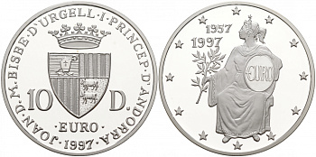 Андорра 10 динеров 1997 40 лет Римскому договору KM 130 серебро PROOF 11-039-21