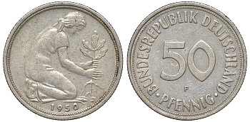 ФРГ 50 пфеннигов 1950 F KM 109, J. 384 медно-никель 4132-636