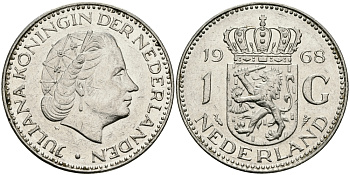 Нидерланды 1 гульден 1968 Юлиана (1948-1980) KM 184a никель 94-614