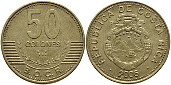 КОСТА-РИКА 50 КОЛОН 2006 B.C.C.R. KM 231.1b сталь плакированная латунью 63-452