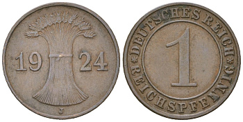 Германия 1 рейхспфенниг 1924 J KM 37 бронза 4617-354