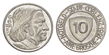 Кобленц 10 пфеннигов 1921 Funck 80.5, Men05 4526.11, Men18 5727.11 железо плакированная никелем UNC 54-269