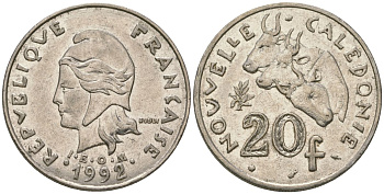 Французская Новая Каледония 20 франков 1992 три быка, (IEOM) KM 12, Schoen 14, Lec 115 никель 4131-316