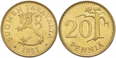 ФИНЛЯНДИЯ 20 ПЕННИ 1981 K KM 47 алюминиевая бронза UNC 3718-513
