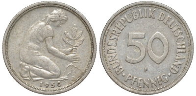 ФРГ 50 пфеннигов 1950 F KM 109, J. 384 медно-никель 4132-636