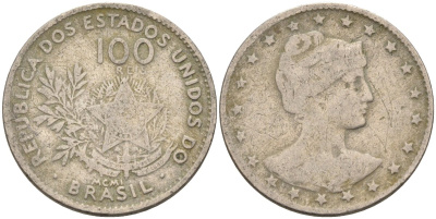 Бразилия 100 рейс 1901 голова свободы вправо KM 503 медно-никель 4589-1031