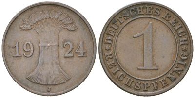 Германия 1 рейхспфенниг 1924 J KM 37 бронза 4617-354
