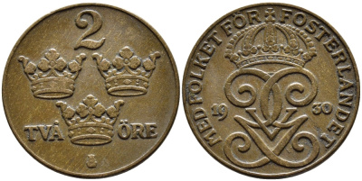 Швеция 2 эре 1930 Густав V (1907-1950) KM 778 бронза 4385-427