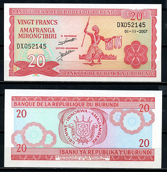Бурунди 20 франков 2007 1 ноября 2007 Pick 27 d бумага UNC (пресс) 6317-22-3-1