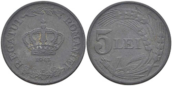 РУМЫНИЯ 5 ЛЕЙ 1942 МИХАЙ I (1940-1947), ВТОРАЯ МИРОВАЯ ВОЙНА KM 61 цинк 94-543