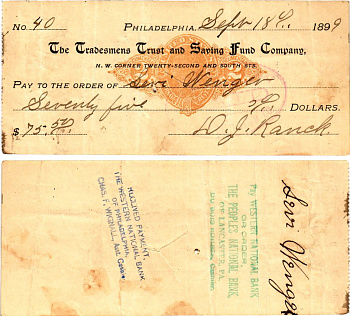 США чек на 75,50 долларов 1899 Филадельфия бумага 3295-50-2-1
