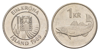Исландия 1 крона 1989 треска KM 27a сталь плакированная никелем UNC 4633-1256