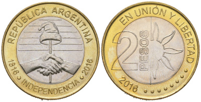 Аргентина 2 песо 2016 200 лет Независимости KM 184 биметалл UNC 4619-335