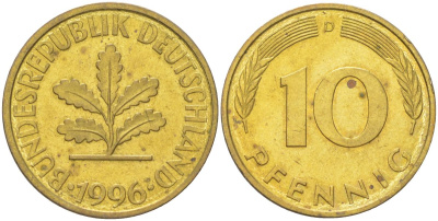 Германия 10 пфеннигов 1996 D KM 108 сталь плакированная латунью aUNC 4613-1241