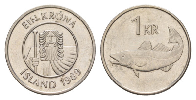 Исландия 1 крона 1989 треска KM 27a сталь плакированная никелем UNC 4633-1256