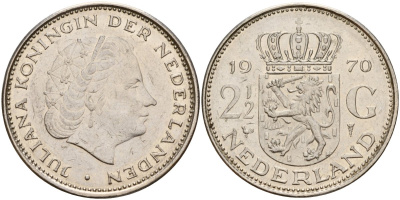 Нидерланды 2 1/2 гульдена 1970 Юлиана (1949-1980) KM 191 никель 4157-412