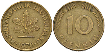 ФРГ 10 ПФЕННИГОВ 1970 J KM 108, J. 383 сталь плакированная латунью 75-627
